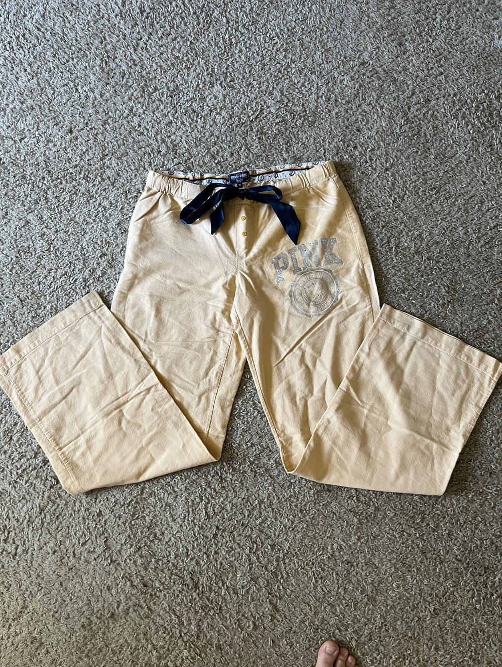 Pink University Yellow Cotton Lounge Pants with Navy Drawstring Waist, Size M